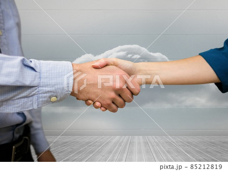 Mid section of businessman and businesswoman shaking hands against clouds in the sky Mid section of businessman and businesswoman shaking hands against clouds in the sky 85212819