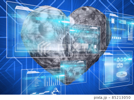 Multiple screens with data processing over heart shaped rock against blue background 85213050