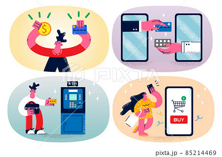 Set of people use smartphone making transactions Set of people use smartphone making transactions 85214469