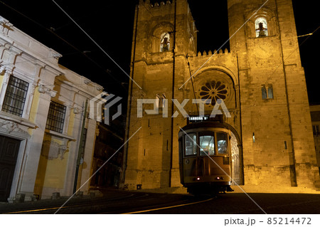 lisbon cathedral night view with tram lisbon cathedral night view with tram 85214472