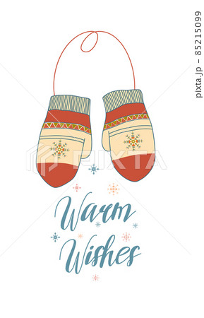 Greeting Christmas card with pair of mittens and lettering isolated on white background. 85215099