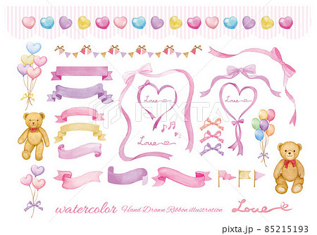 バレンタイン 手書きのリボンとクマのぬいぐるみのイラストのイラスト素材