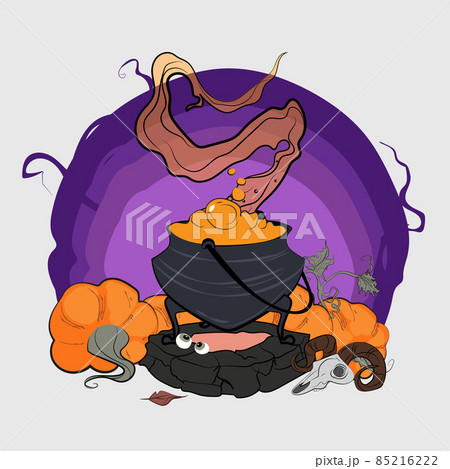 Witch cauldron with potion. Halloween holiday symbol for scary card, invitation or poster on white background. Vector illustration. Spooky halloween element.  85216222