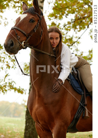 Beautiful brunette on a horse on the background of an autumn landscape. Horseback riding, active horseback riding Beautiful brunette on a horse on the background of an autumn landscape. Horseback riding, active horseback riding 85217513