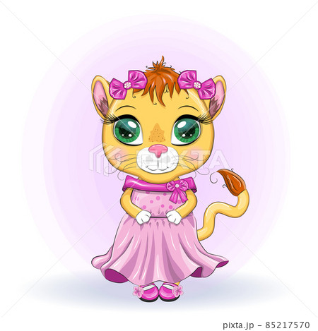 Cartoon lioness in a beautiful dress with bows and flowers. Festive postcard without an inscription. Girl character, princess 85217570