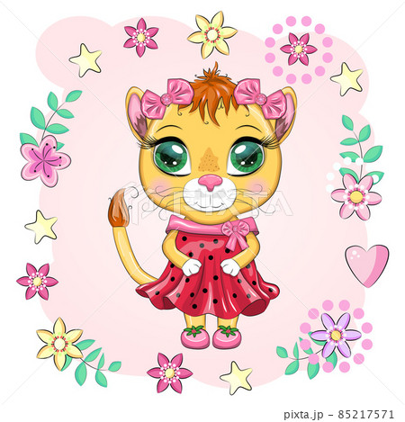 Cartoon lioness in a beautiful dress with bows and flowers. Festive postcard without an inscription. Girl character, princess 85217571