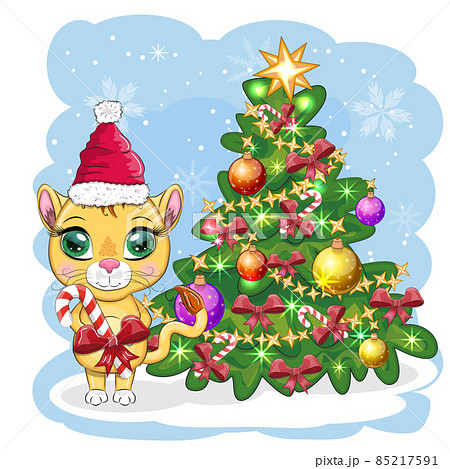 Cartoon lion in winter clothes near the Christmas tree. New Year's and Christmas. Scarves, fur coat, hat, skates, gifts, candy canes and balls as accessories 85217591
