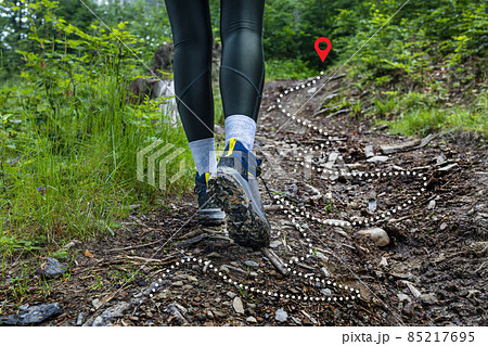 Female traveler sport shoes on trail walking in mountains, outdoor activity. Woman hiking, adventure and exercise Female traveler sport shoes on trail walking in mountains, outdoor activity. Woman hiking, adventure and exercise 85217695