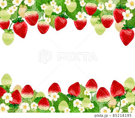 美味しそうなイチゴと葉っぱと花の吊り下がったかわいいフレームイラストセット素材のイラスト素材