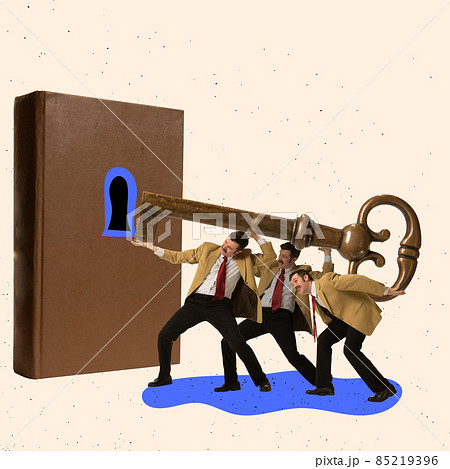 Contemporary art collage. Three motivated and concentrated businessmen opening book with huge golden key 85219396