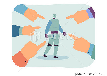 Humanoid robot surrounded by hands pointing fingers 85219420