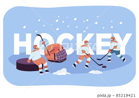 Hockey players in uniform practicing with sticks and puck on ice 85219421