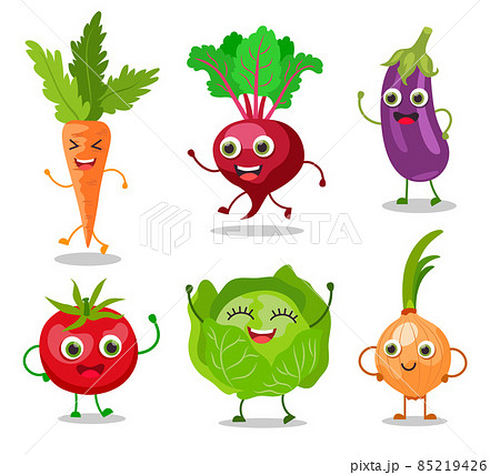 Happy vegetable cartoon characters vector illustrations set 85219426