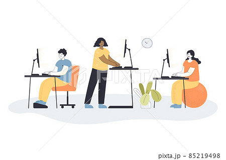 Cartoon Man And Woman Employees Working At のイラスト素材