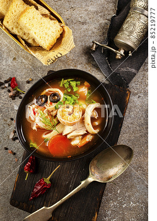Bowl of fresh seafood soup, soup with aroma spice Bowl of fresh seafood soup, soup with aroma spice 85219777