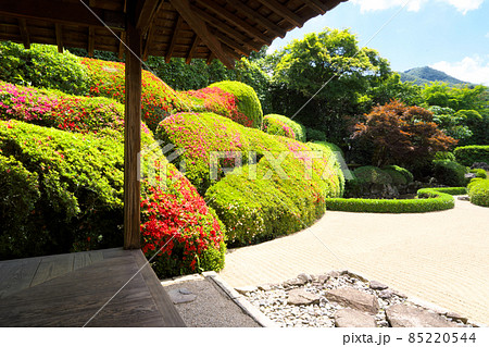 【瀬戸内三十三観音霊場】第十三番　頼久寺方丈の縁側から見たサツキの花咲く庭と借景1　岡山県高梁市 85220544