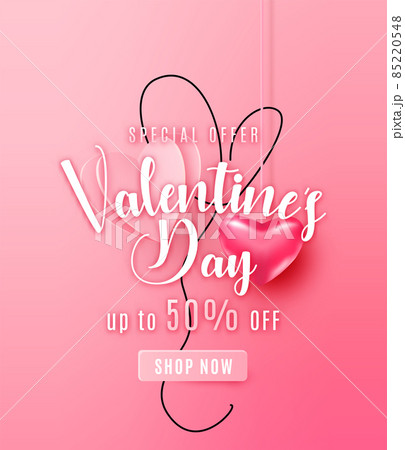 Happy valentines day greeting background in papercut realistic style. Flying realistic heart on string. Continuous line balloon. Pink banner offer sale. Calligraphy words text sign on the center 85220548