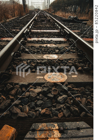 朝の光に反射するレール【朝霧が立ち込める大糸線】 85220842