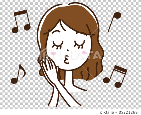 女性　音楽　歌う　音符　顔　表情　寝る　睡眠　嬉しい 85221269