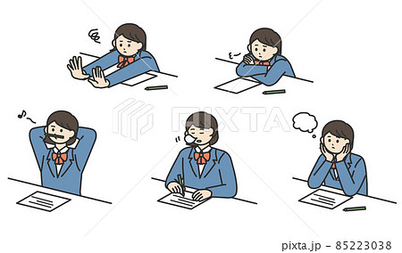 勉強に集中できていない学生の女の子のイラスト素材セットのイラスト素材