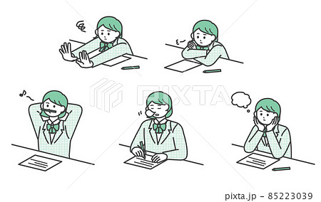 勉強に集中できていない学生の女の子のイラスト素材セットのイラスト素材