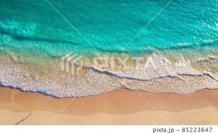 Aerial drone shot of turquoise sea water at beach Aerial drone shot of turquoise sea water at beach 85223647