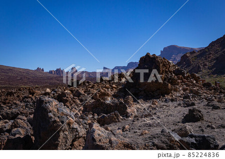 Plains view in Teide National Park with blue clear sky, Tenerife Plains view in Teide National Park with blue clear sky, Tenerife 85224836