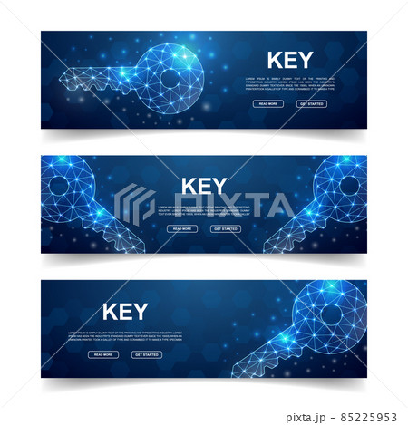 Set of three Key horizontal banners. Horizontal illustration for homepage design, promo banner. Blue Key low poly symbols with connected dots. Set of three Key horizontal banners. Horizontal illustration for homepage design, promo banner. Blue Key low poly symbols with connected dots. 85225953