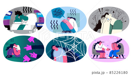 Set of unhappy women suffer from mental disorder  85226180