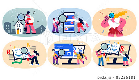 Set of people with magnifier find solution  85226181