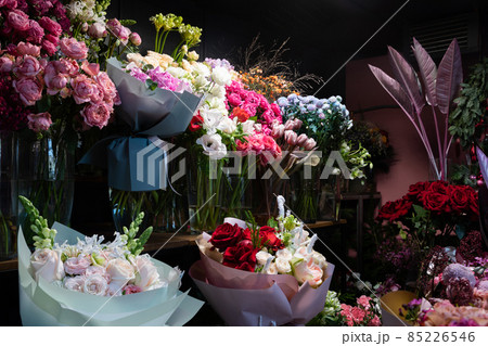 bouquets on shelves in a florist shop bouquets on shelves in a florist shop 85226546