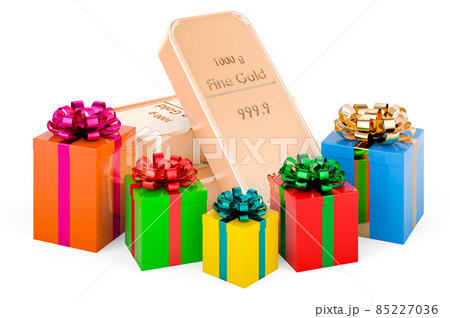 Gold ingots with gift boxes, 3D rendering Gold ingots with gift boxes, 3D rendering 85227036