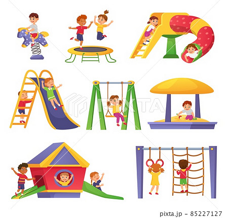 Kids playing on playground at park, outdoor kindergarten equipment. Cartoon happy children having fun on swing, slide or sandbox vector set 85227127