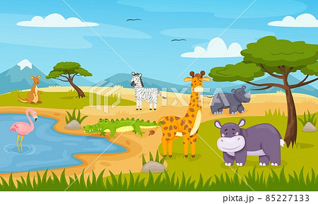 Cartoon Wild Animals In Savannah African のイラスト素材