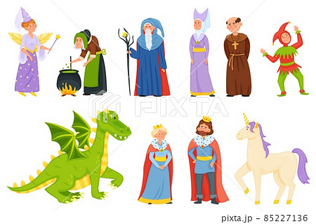 Cartoon medieval fairytale characters, magic unicorn and dragon. Fantasy fairy tale witch and magician, princess, king and queen vector set 85227136