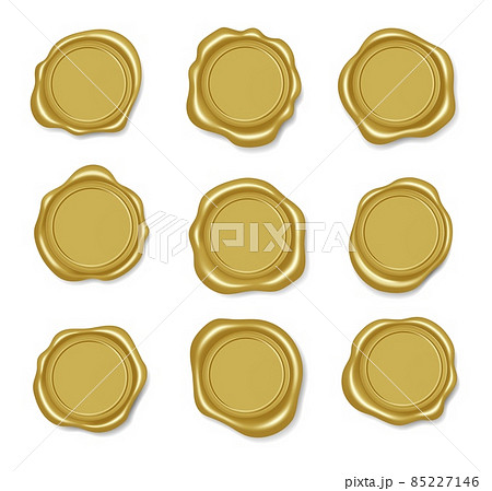 Golden wax seal, premium gold envelope stamp. Realistic royal letter seals, vintage certificate label, wax medallion guarantee stamps vector set 85227146