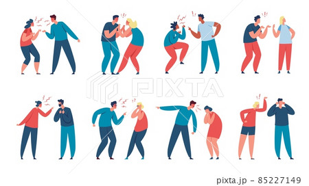 Couple quarrel, family conflict, angry men and women arguing. Couples fighting, characters yell at each other, relationship problems vector set Couple quarrel, family conflict, angry men and women arguing. Couples fighting, characters yell at each other, relationship problems vector set 85227149