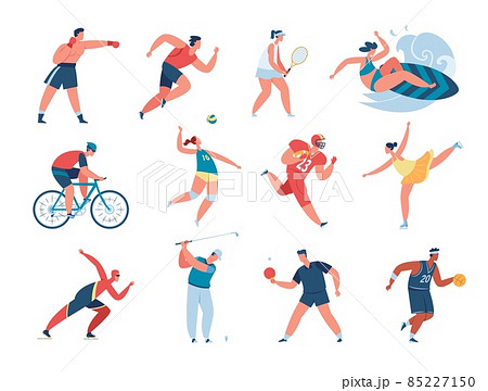 Characters doing sports activities, professional athletes training. Boxer and runner, people playing tennis, football, volleyball vector set Characters doing sports activities, professional athletes training. Boxer and runner, people playing tennis, football, volleyball vector set 85227150