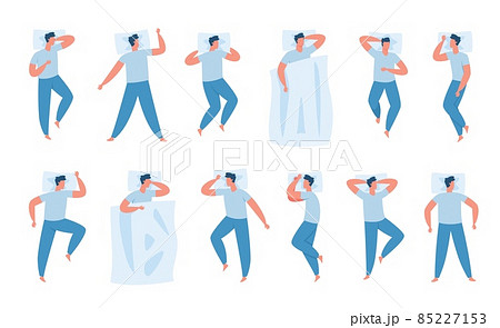 Young man in various sleeping poses, healthy sleep positions. Male character lying on back or stomach, resting under blanket vector set Young man in various sleeping poses, healthy sleep positions. Male character lying on back or stomach, resting under blanket vector set 85227153