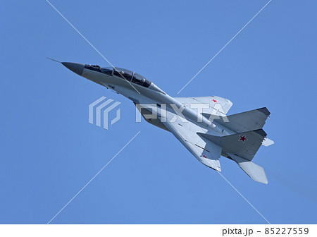 Moscow Russia Zhukovsky Airfield 25 July 2021: aerobatic MiG-35 perfoming demonstration flight of the international aerospace salon MAKS-2021 85227559