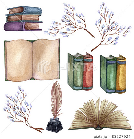 Hand Drawn watercolor illustration. Set with a pile of old books, ink bottle, ink pen, floral twigs, open book, feather. Hand Drawn watercolor illustration. Set with a pile of old books, ink bottle, ink pen, floral twigs, open book, feather. 85227924