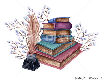 Hand Drawn watercolor illustration a pile of old books with ink bottle, feather floral twig. 85227948
