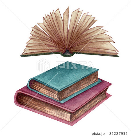 Watercolor set with old books. Original hand drawn illustration of old school books . School design. Open old book with sheets of paper. Watercolor set with old books. Original hand drawn illustration of old school books . School design. Open old book with sheets of paper. 85227955