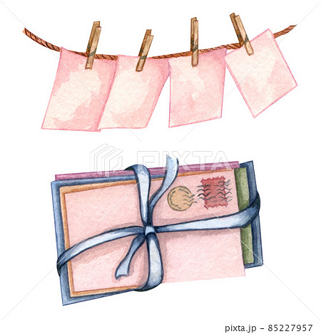 Watercolor set with pink carg on a rope, envelope and paper sheets. Pile of old envelopes with ribbon bow. Watercolor set with pink carg on a rope, envelope and paper sheets. Pile of old envelopes with ribbon bow. 85227957