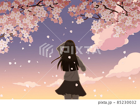 桜を見上げる少女のイラスト素材