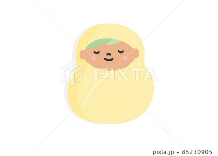 おくるみに包まれて眠っている笑顔の赤ちゃん ひとり 黄色のイラスト素材