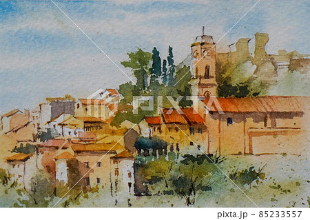 195）原画 水彩画 風景画 南フランスの小さな村 絵画 マグリット