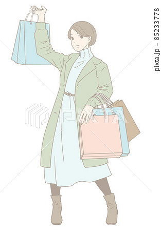 ショッピングで買い物袋を大量に持つ女性のイラスト（パステルカラー）） 85233778