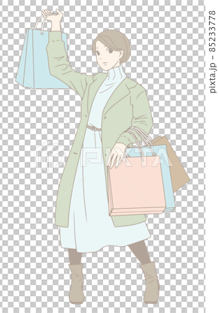 ショッピングで買い物袋を大量に持つ女性のイラスト（パステルカラー）） 85233778