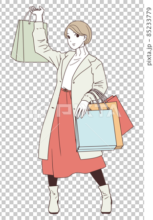 Illustration of a woman holding a large number of shopping bags in shopping 85233779